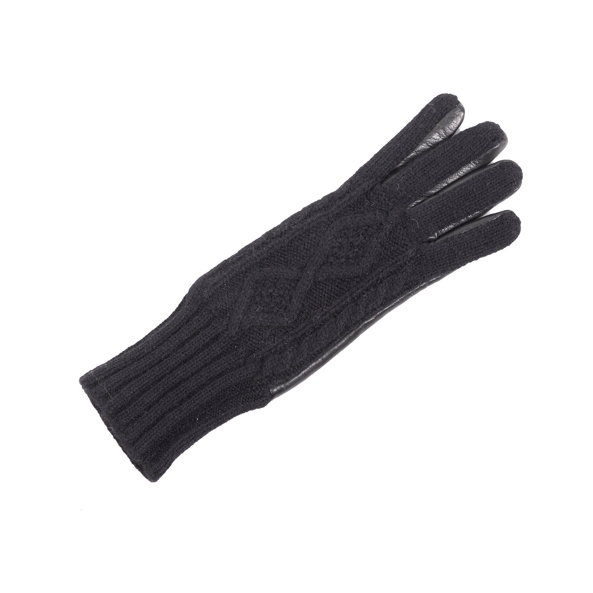 Ladies' black leather gloves featuring a woven cashmere top and warm wool lining, showcasing elegant Italian craftsmanship.