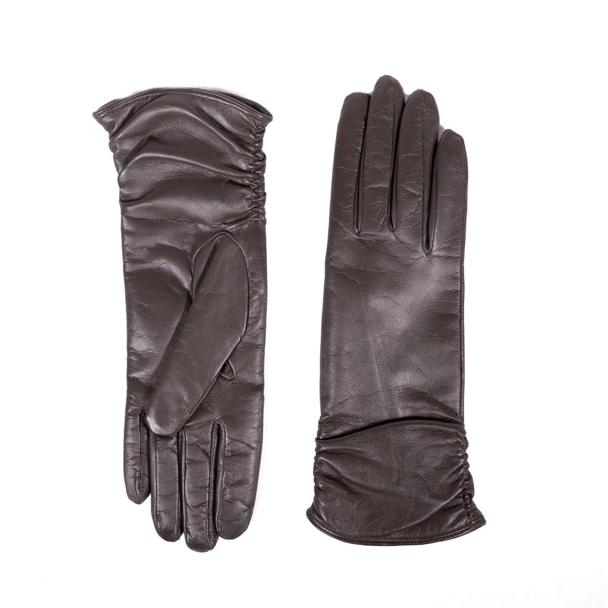 Elegant dark brown leather gloves featuring a soft cashmere lining and gathered wrist detail for a refined look.