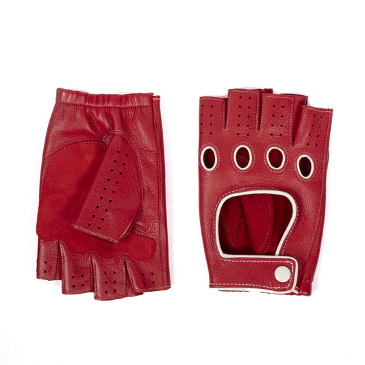 Men's red deerskin driving gloves featuring a snap closure and contrast details, showcasing elegant Italian craftsmanship.