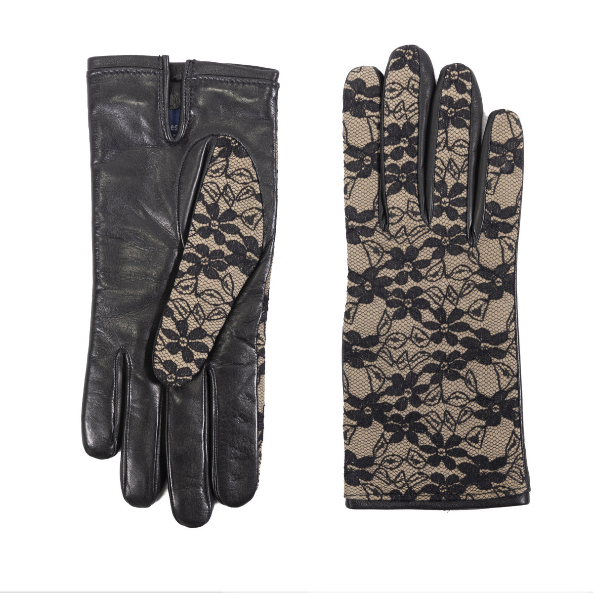 Ladies' black nappa leather gloves featuring elegant lace detail and a cozy cashmere lining for luxurious warmth and style.