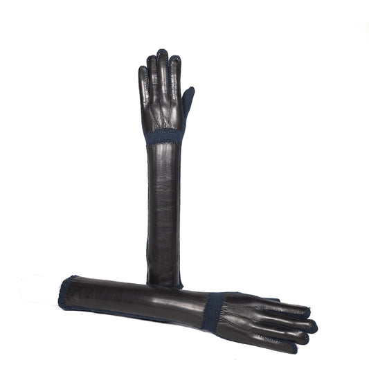 Elegant long black cashmere gloves with a contrasting navy cuff, showcasing Italian craftsmanship and luxurious design.