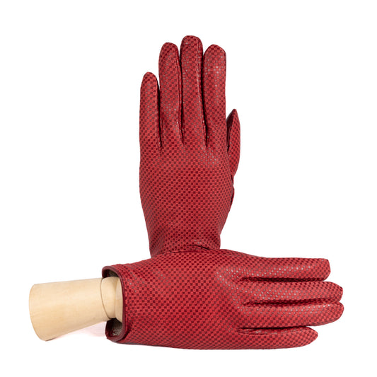 Ladies' check printed nappa leather gloves in vibrant red, showcasing elegant design and Italian craftsmanship.