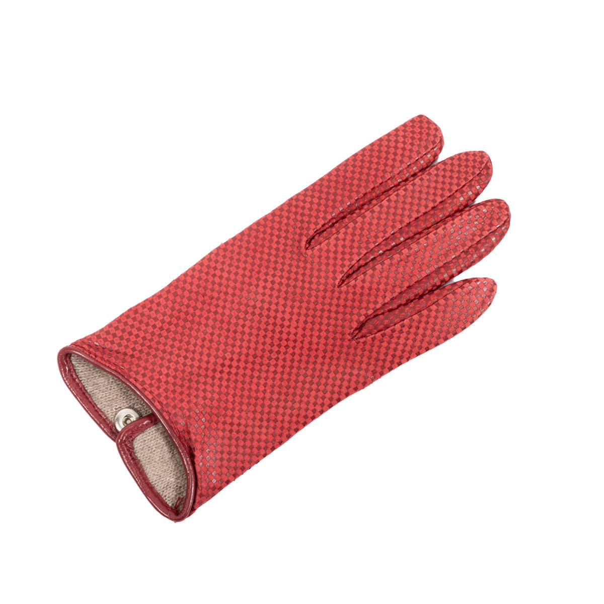 Ladies' red check printed nappa leather gloves showcasing elegant design and fine Italian craftsmanship.