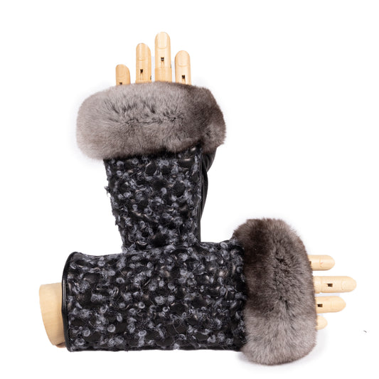 Ladies' fingerless nappa leather gloves featuring a textured bouclè design and luxurious grey fur cuffs, showcasing Italian elegance.