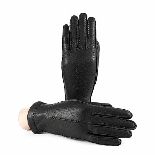 Women's peccary leather gloves entirely hand-sewn - Black 3