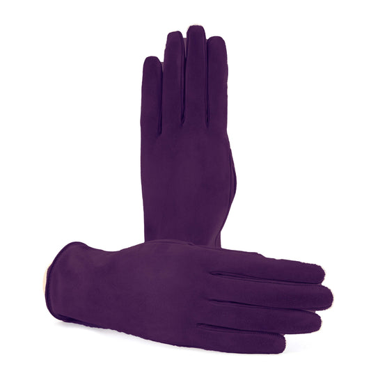 Soft suede leather gloves in rich purple, featuring a palm opening and luxurious cashmere lining for added warmth and comfort.