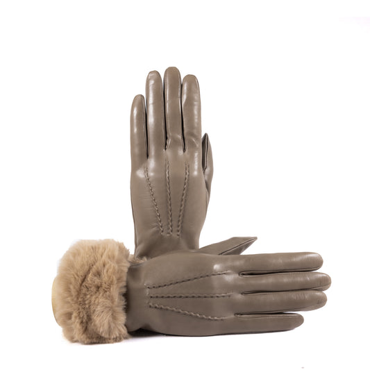 Ladies' taupe nappa leather gloves featuring a soft faux fur cuff and cashmere blend lining for warmth and elegance.