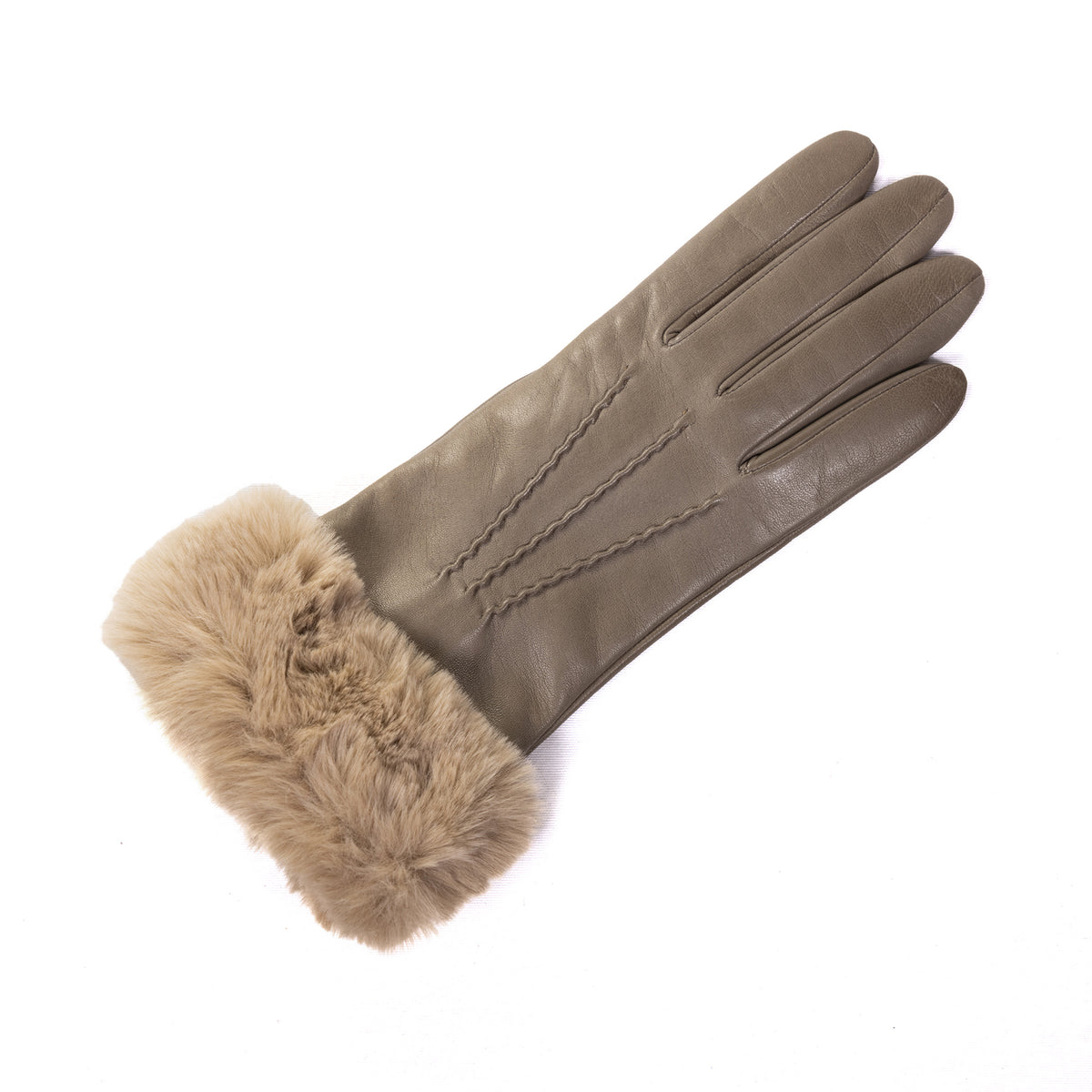 Ladies' taupe nappa leather gloves featuring a plush faux fur cuff and a soft cashmere blend lining for warmth and elegance.