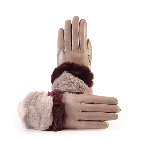 Ladies' nappa leather gloves in taupe, featuring a bicolor real fur panel and cashmere lining for added warmth and elegance.