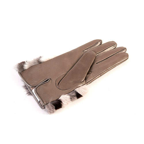 Ladies' taupe nappa leather gloves featuring a stripe rex panel top and soft cashmere lining, showcasing elegant Italian design.