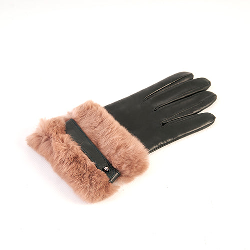 Damen Nappa-Leder Handschuhe mit groß Echtpelz Manschette und Riemen, Kaschmirfutter