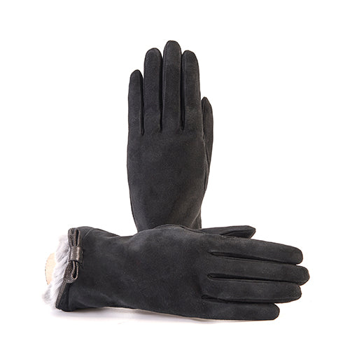 Ladies' black suede gloves featuring a natural rabbit fur cuff and elegant bow details, showcasing Italian craftsmanship.