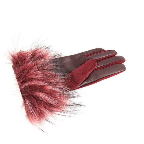 Ladies' burgundy leather and suede gloves featuring a luxurious faux fur cuff for a stylish winter look.