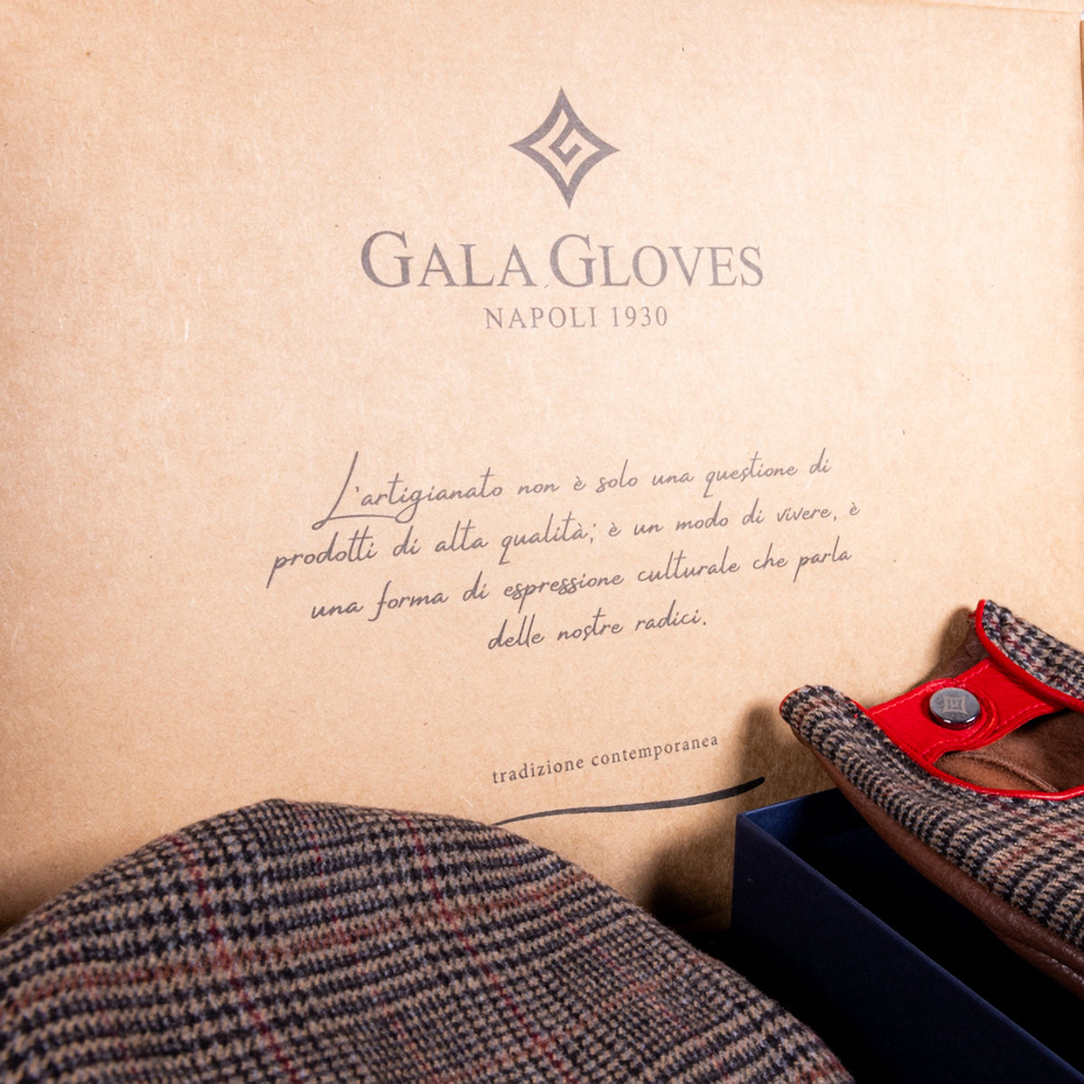 Gala Gloves packaging featuring elegant brown and red driving gloves with a classic check pattern, highlighting Italian craftsmanship.