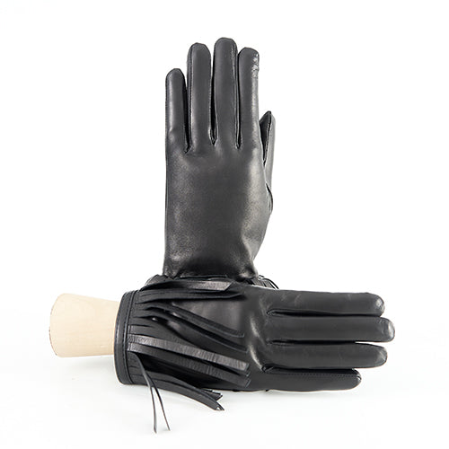 Ladies' black nappa leather gloves with fringes, cashmere lined, showcasing elegant Italian craftsmanship and refined design.