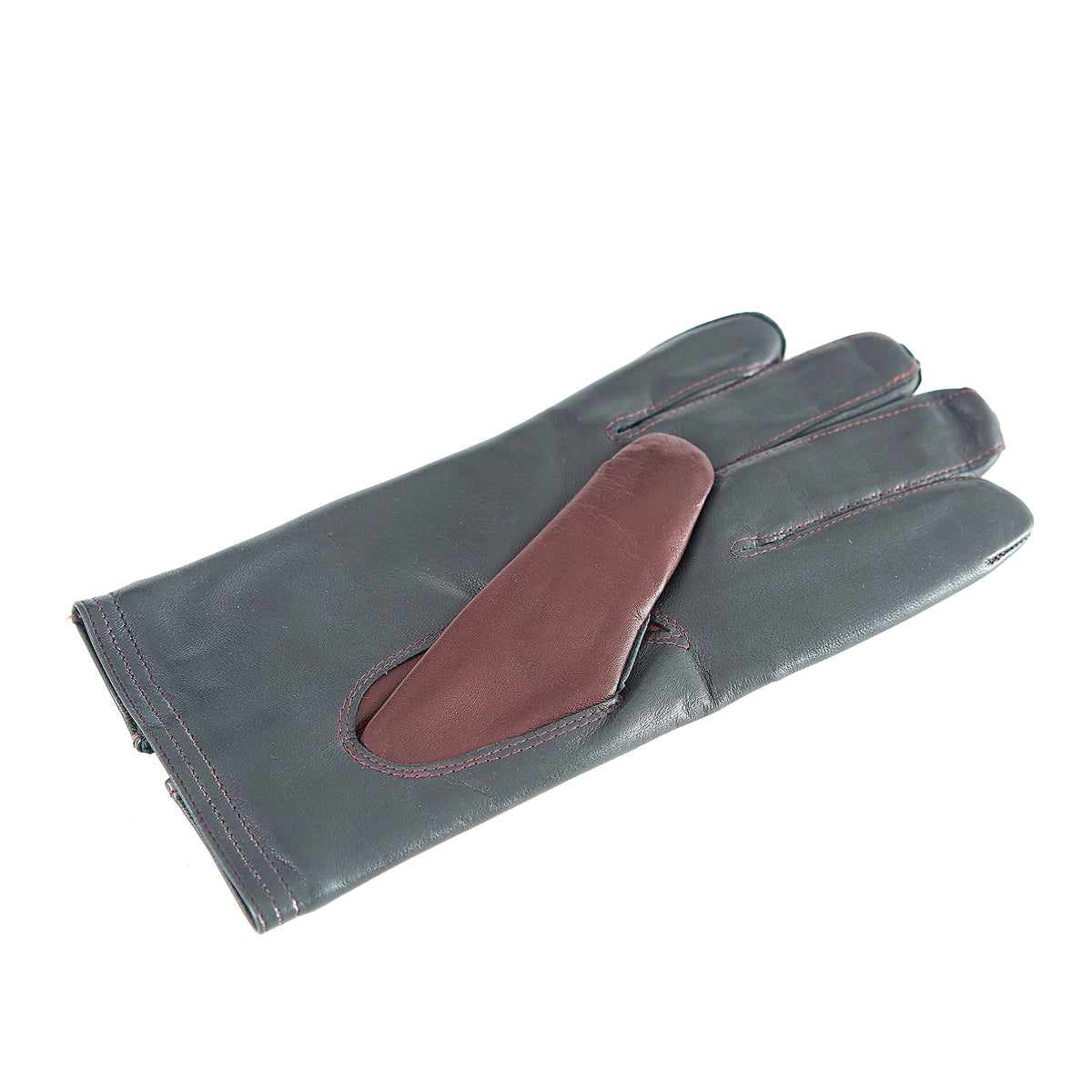 Men's nappa leather gloves in dark gray with burgundy detail and soft cashmere lining for ultimate comfort and style.