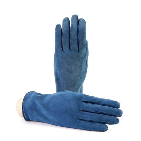 Soft suede leather gloves in deep blue, featuring a palm opening and luxurious cashmere lining for ultimate comfort.