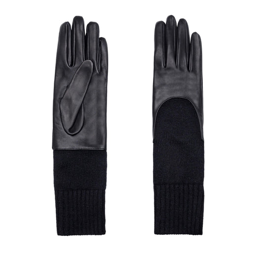 Women's metal free black nappa leather gloves with a medium-length natural cashmere sleeve