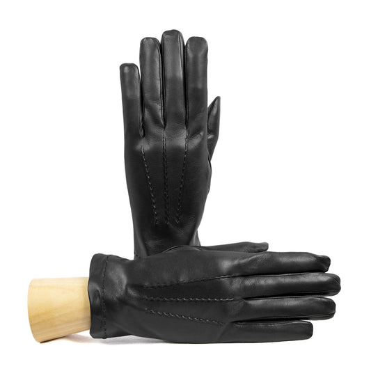 Men's classic black nappa leather gloves featuring a sleek design and delicate stitching for a refined touch.
