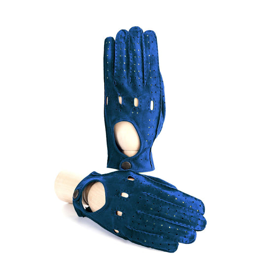 Men's unlined hand-stitched suede driving gloves in rich blue, featuring a stylish button closure and perforated design for breathability.