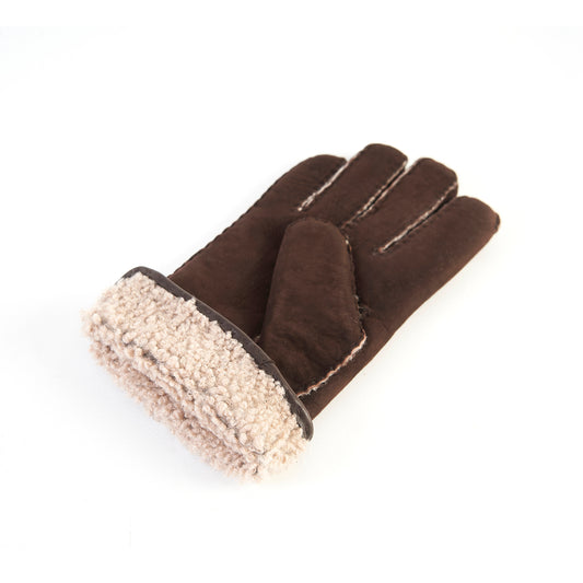 Men's brown curly lambskin gloves featuring a soft shearling cuff and leather piping for a refined, elegant look.