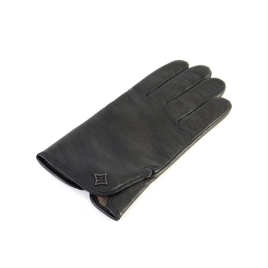 Men's black deerskin leather gloves featuring a touchscreen palm and soft cashmere lining for ultimate comfort and style.