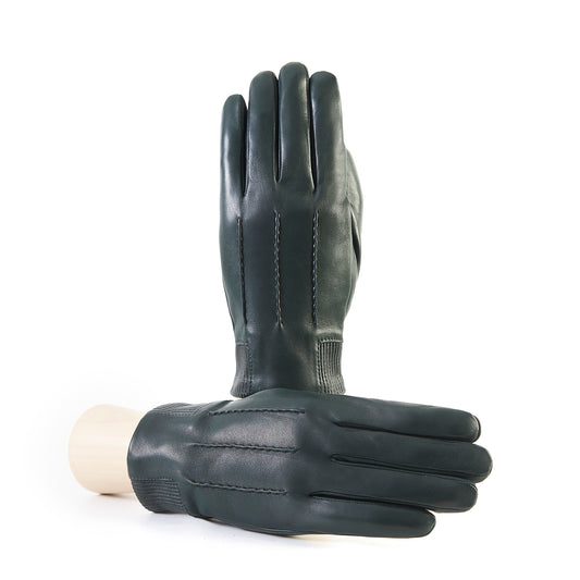 Men's dark green nappa leather gloves featuring elastic panel detail and cashmere lining, showcasing Italian craftsmanship.