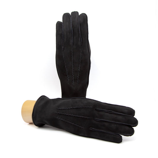 Men's black nappa suede gloves with cashmere lining, showcasing elegant design and Italian craftsmanship.