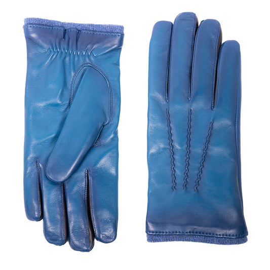Men's vintage style leather gloves in rich blue, showcasing soft Nappa leather and elegant stitching details.