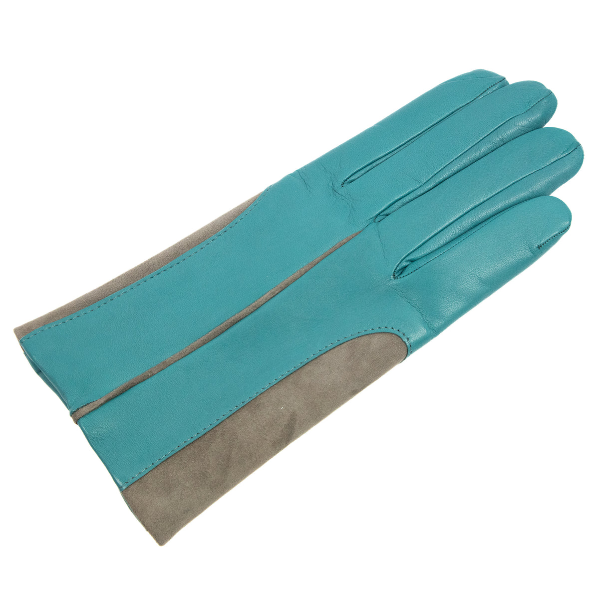 Men's turquoise nappa leather gloves featuring elastic suede inserts, showcasing elegant Italian craftsmanship and premium materials.