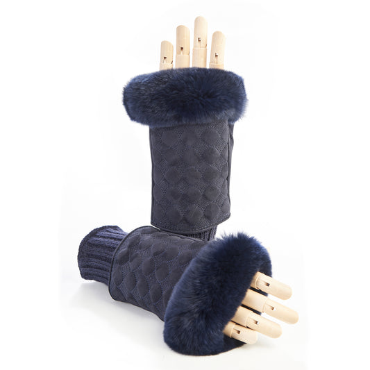 Navy suede fingerless gloves with a plush fur cuff, showcasing elegant Italian craftsmanship and luxurious materials.