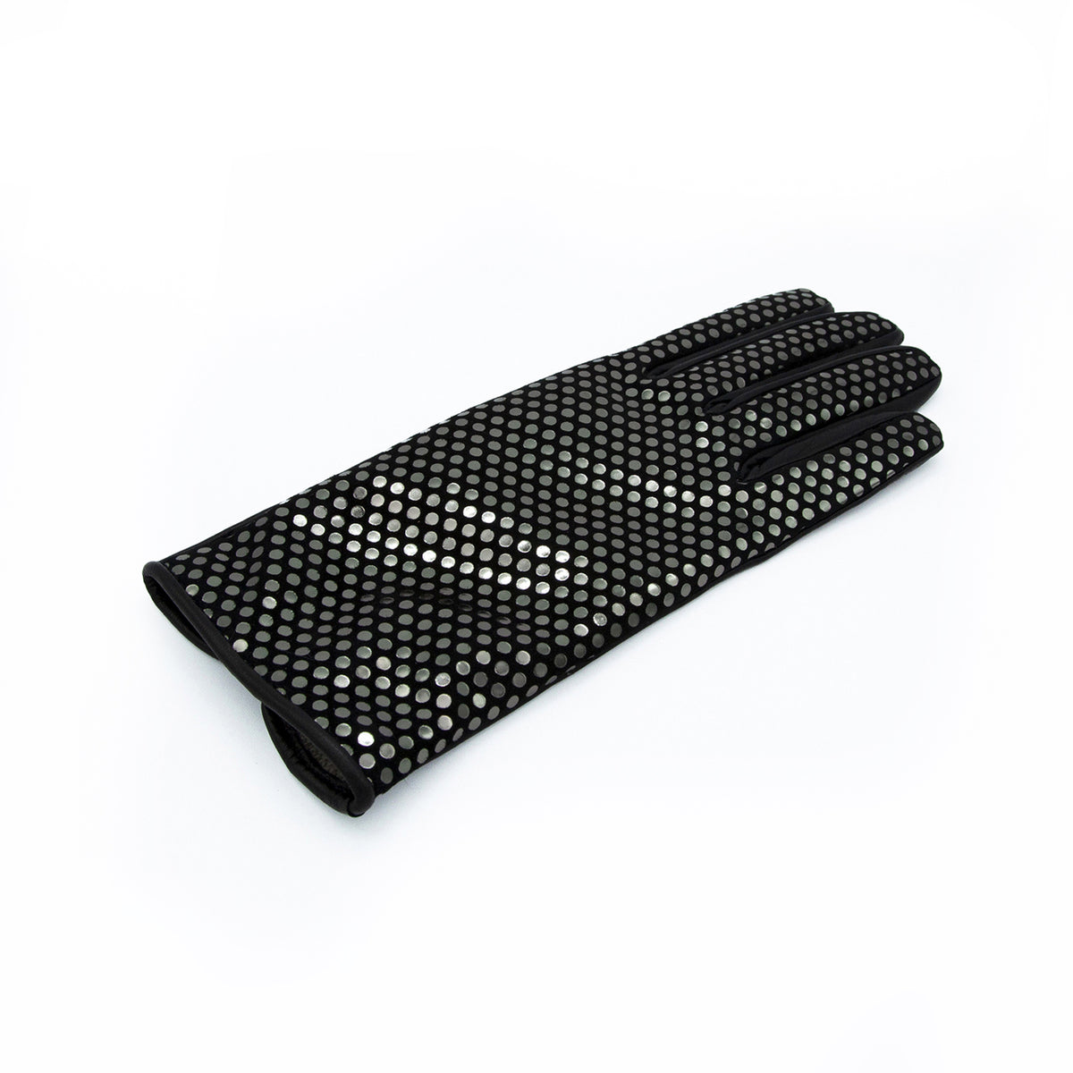 Women's black nappa leather gloves with a polka dot suede back