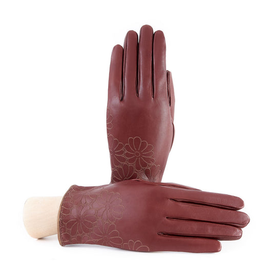 Women's unlined light brown nappa leather gloves with floral detail