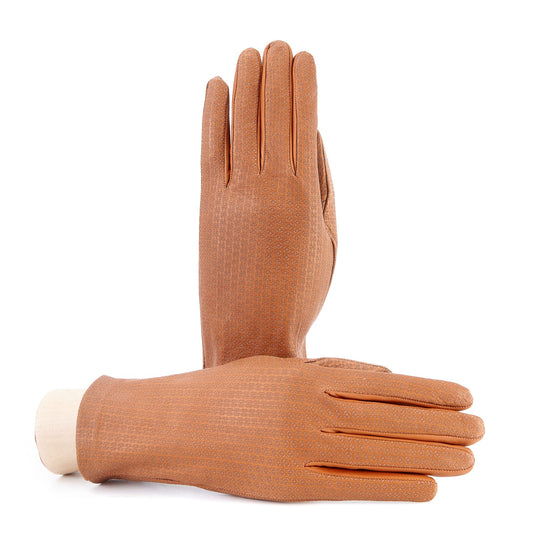 Women's unlined camel nappa leather gloves with all over laser cut detail