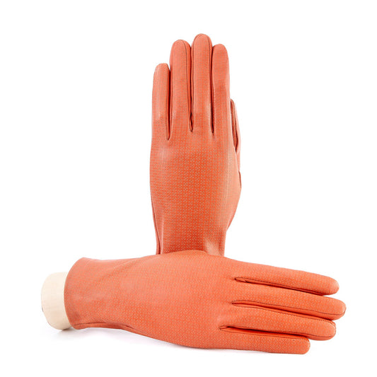 Women's unlined orange nappa leather gloves with all over laser cut detail