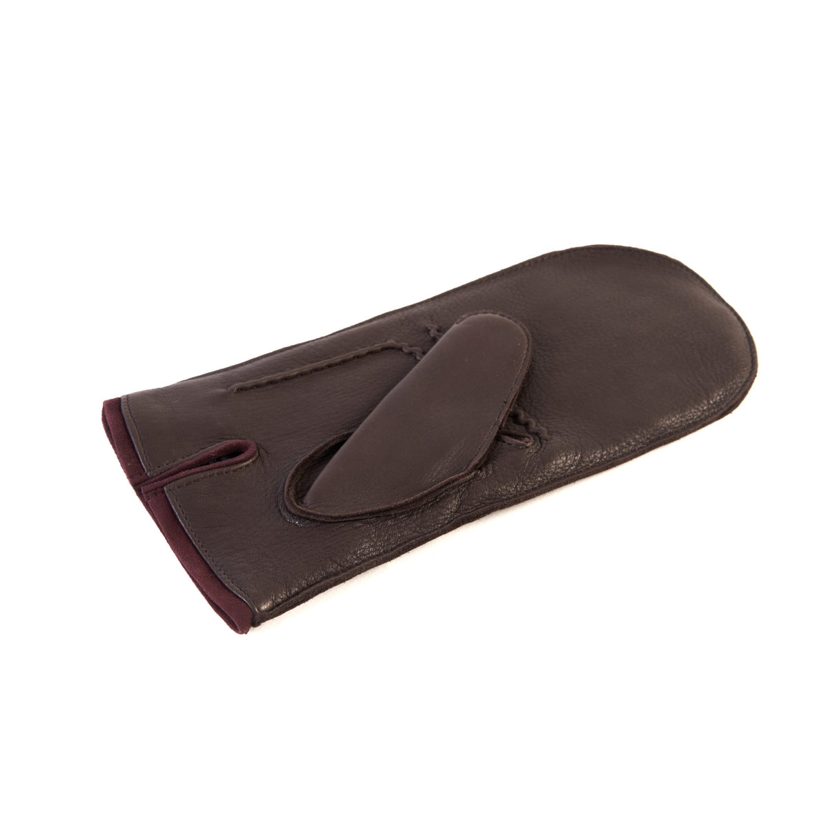 Men's brown deerskin mitten gloves with suede piping and cashmere lining