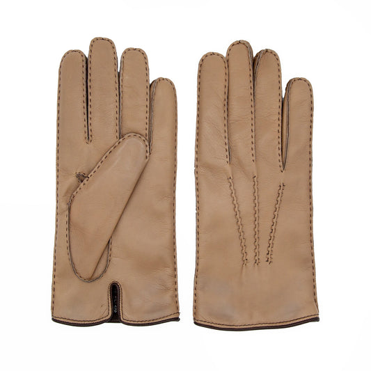 Men's taupe metal free nappa leather gloves entirely hand-stitched with natural cashmere lining