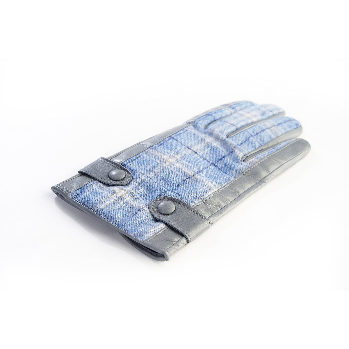 Men's leather gloves in color pearl grey with light blue check fabric top of Holland & Sherry