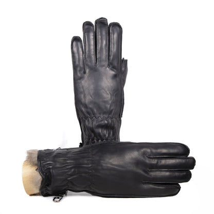 Black leather women's ski gloves featuring a snug fit and soft lining for warmth and comfort in cold weather.