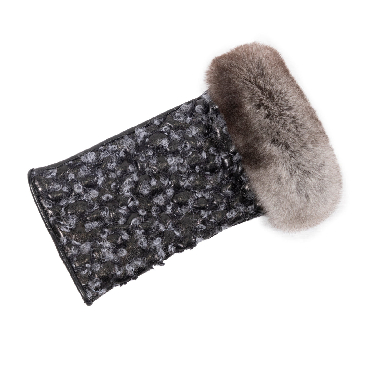 Ladies' fingerless nappa leather gloves featuring textured bouclè and a luxurious fur cuff in elegant gray tones.