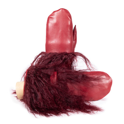 Red nappa leather mitten gloves featuring luxurious Mongolia fur for a chic and elegant winter accessory.