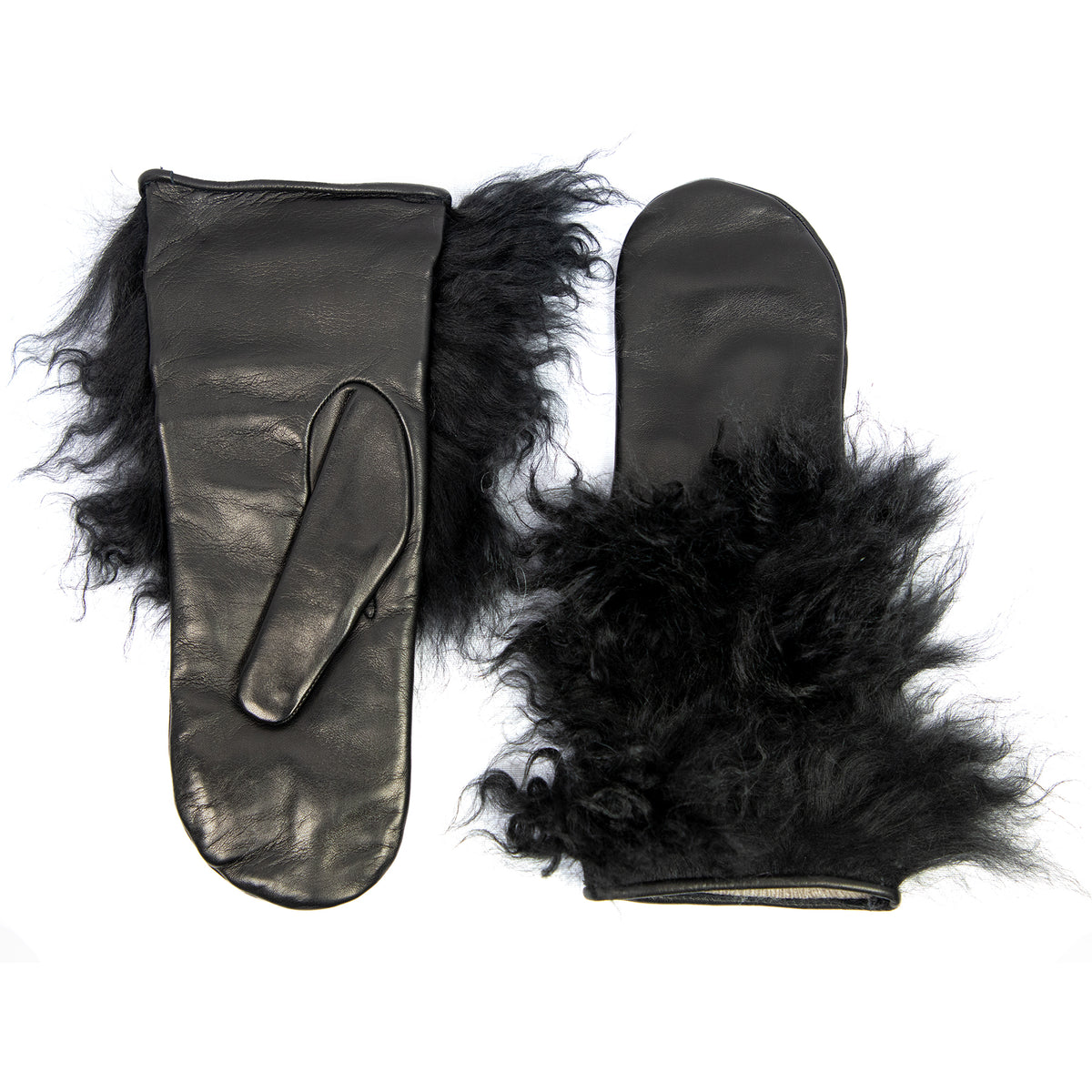 Black nappa leather mittens featuring luxurious Mongolia fur trim, showcasing elegant Italian craftsmanship and premium materials.