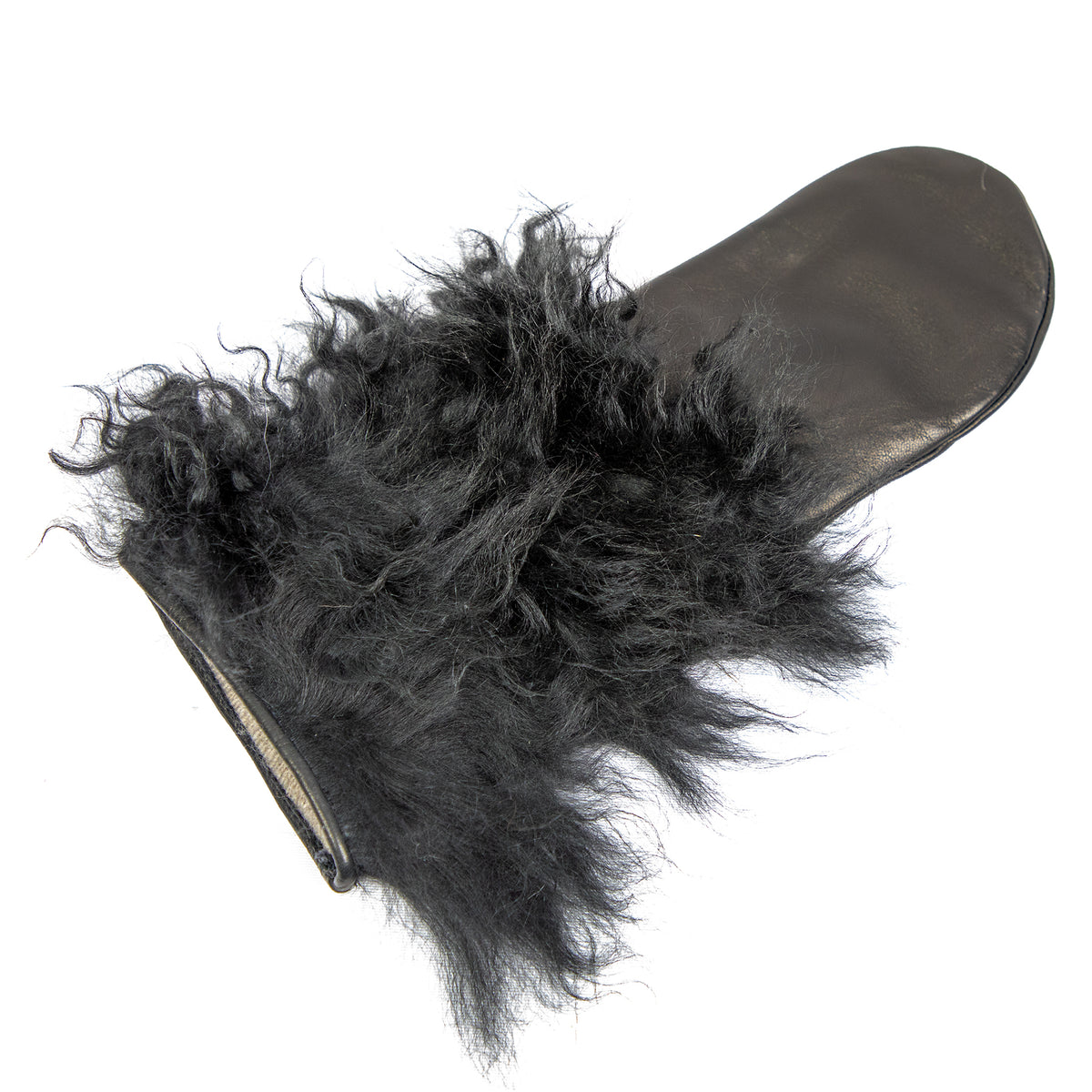 Black nappa leather mitten gloves featuring luxurious Mongolia fur, showcasing elegant Italian craftsmanship and premium materials.