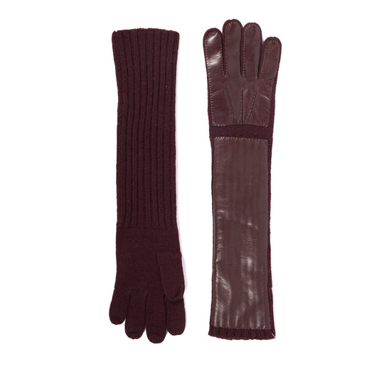 Ladies' long burgundy cashmere gloves featuring a ribbed knit cuff and smooth leather palm for a luxurious touch.