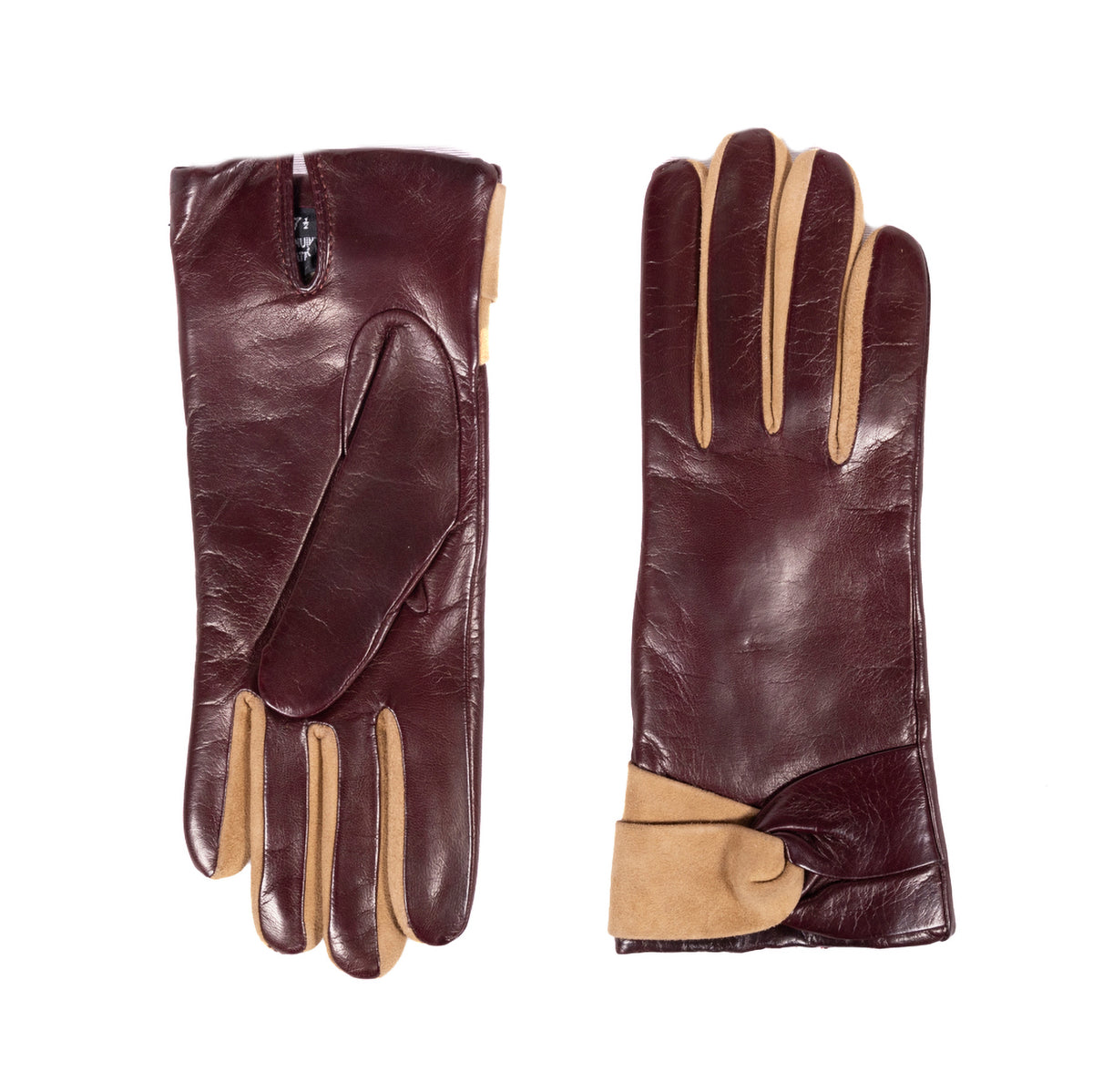 Ladies' burgundy nappa leather gloves with beige suede accents and soft cashmere lining, showcasing elegant Italian craftsmanship.