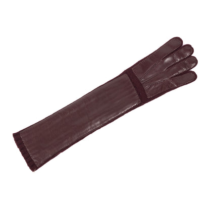 Long burgundy cashmere gloves featuring a sleek leather exterior and elegant ribbed cuff for a refined touch.