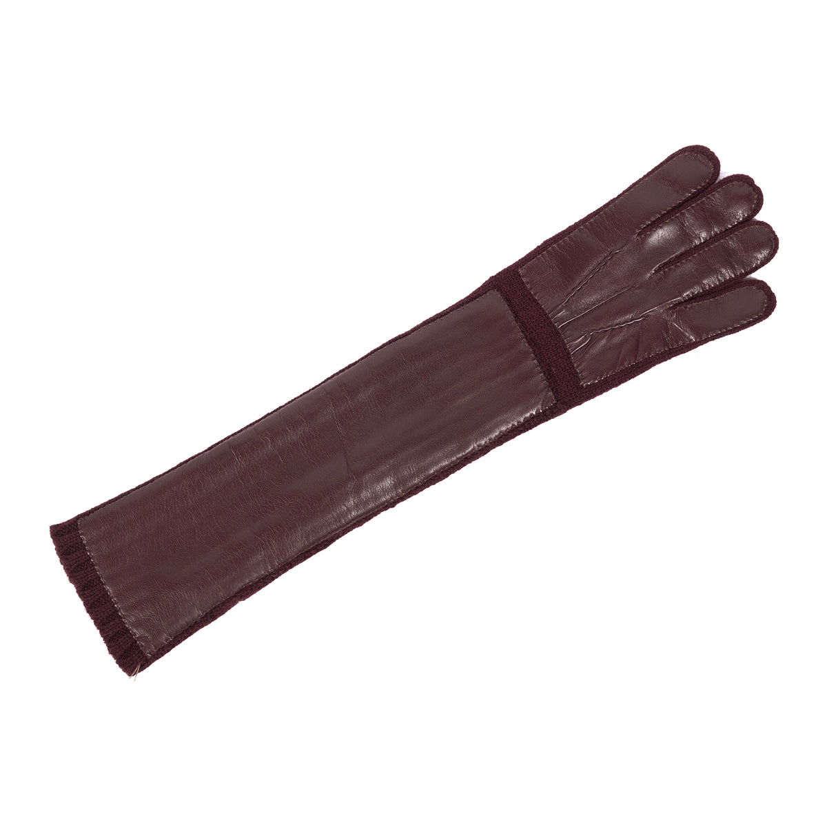 Long burgundy cashmere gloves featuring a sleek leather exterior and elegant ribbed cuff for a refined touch.