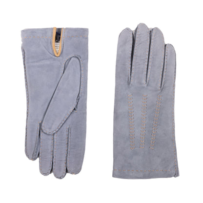 Classic grey suede leather gloves, hand-sewn with delicate stitching and cashmere lining for added warmth and luxury.
