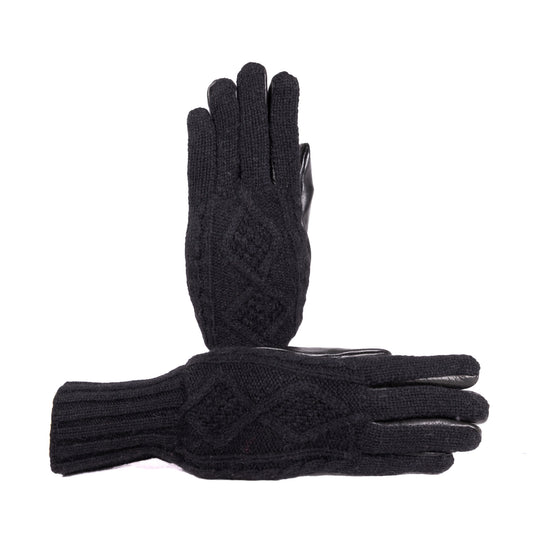 Ladies' black leather gloves featuring a woven cashmere top and wool lining, showcasing elegant Italian craftsmanship.