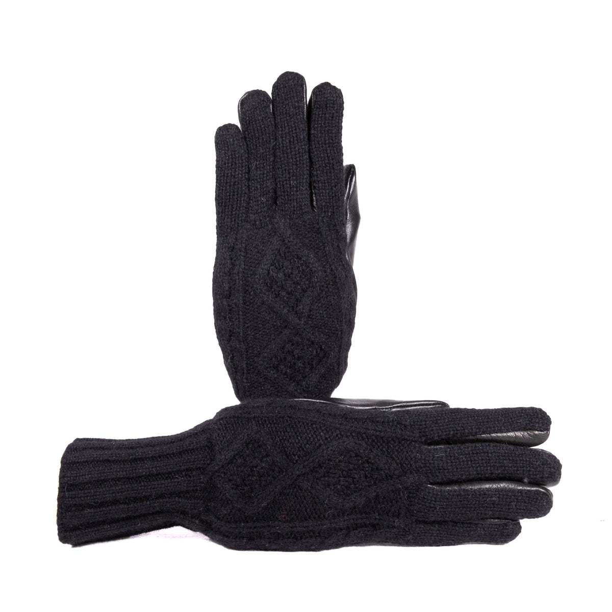Ladies' black leather gloves featuring a woven cashmere top and wool lining, showcasing elegant Italian craftsmanship.